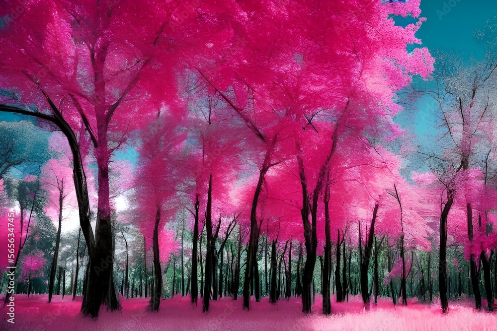 Pink trees from near infared style by IR mode. Paradise concept - generative ai