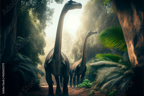 Fototapeta Naklejka Na Ścianę i Meble -  Rendition of prehistoric dinosaurs,brachiosaurus, generative ai