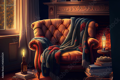 Cosy armchair with blanket, Generative AI