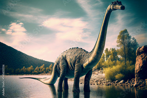 Fototapeta Naklejka Na Ścianę i Meble -  Rendition of prehistoric dinosaurs,brachiosaurus, generative ai