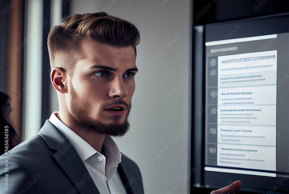 Young businessman presenting in front of conference room with electronic bulletin board Young businessman presenting in front of conference room with electronic bulletin board