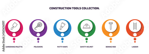 construction tools collection. infographic element with outline icons and 6 step or option. construction tools collection. icons such as gardening palette, polishers, putty knife, safety helmet,