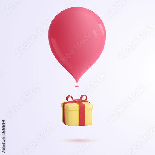 Gift box on a big pink balloon. Vector 3d illustration.
