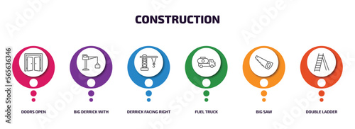 construction infographic element with outline icons and 6 step or option. construction icons such as doors open, big derrick with boxes, derrick facing right, fuel truck, big saw, double ladder