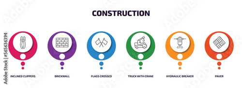 construction infographic element with outline icons and 6 step or option. construction icons such as inclined clippers, brickwall, flags crossed, truck with crane, hydraulic breaker, paver vector.
