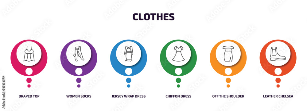 clothes infographic element with outline icons and 6 step or option. clothes icons such as draped top, women socks, jersey wrap dress, chiffon dress, off the shoulder dress, leather chelsea boots clothes infographic element with outline icons and 6 step or option. clothes icons such as draped top, women socks, jersey wrap dress, chiffon dress, off the shoulder dress, leather chelsea boots