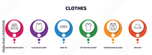 clothes infographic element with outline icons and 6 step or option. clothes icons such as leather biker jacket, sleeveless shirt, bow tie, cotton polo shirt, oxford wave blazer, men hat vector.