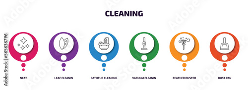 cleaning infographic element with outline icons and 6 step or option. cleaning icons such as neat, leaf cleanin, bathtub cleaning, vacuum cleanin, feather duster, dust pan vector.