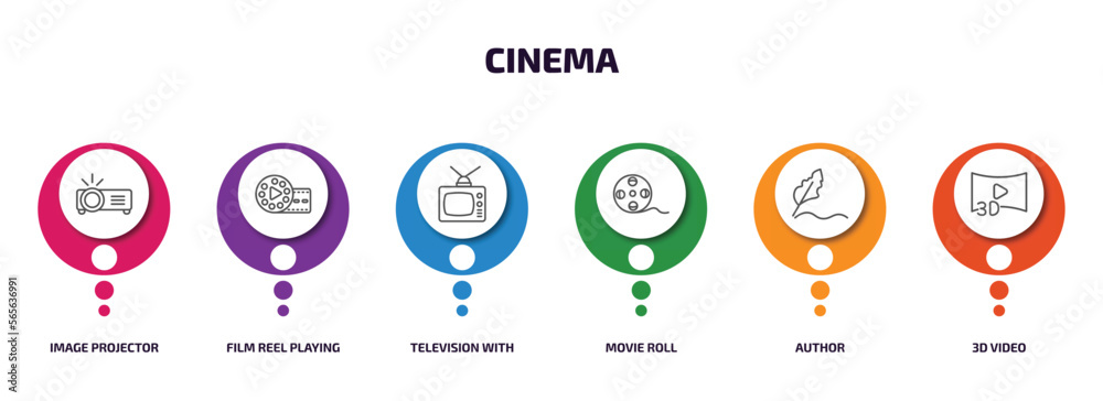 cinema infographic element with outline icons and 6 step or option. cinema icons such as image projector, film reel playing, television with antenna, movie roll, author, 3d video vector. cinema infographic element with outline icons and 6 step or option. cinema icons such as image projector, film reel playing, television with antenna, movie roll, author, 3d video vector.