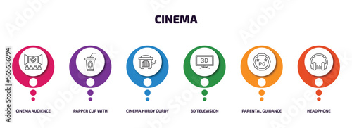cinema infographic element with outline icons and 6 step or option. cinema icons such as cinema audience, papper cup with straw, hurdy gurdy, 3d television, parental guidance, headphone vector.