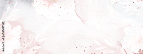 Pink background with watercolor flowers and glitter on stains