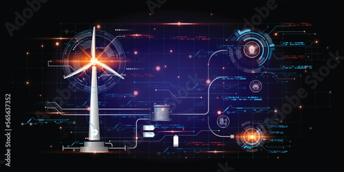 Energy from a wind turbine will be displayed in virtual reality with a futuristic hologram display. Sci-Fi Picture HUD, GUI, and UI futuristic data display, technology-heavy screen