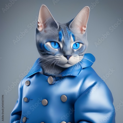 portrait of a cute blue cat in a jacket , highly detailed , striking features , studio lihting , fine art photography , warm lighting - generative ai photo