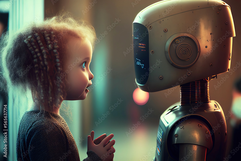 Little girl talking to chatbot robot - artificial intelligence concept -  generative AI Stock Illustration | Adobe Stock