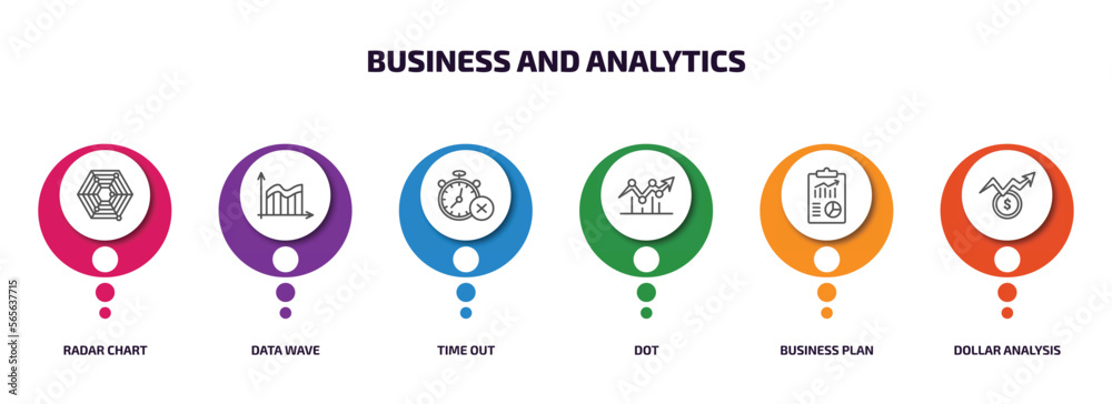 business and analytics infographic element with outline icons and 6 step or option. business and analytics icons such as radar chart, data wave, time out, dot, business plan, dollar analysis bars business and analytics infographic element with outline icons and 6 step or option. business and analytics icons such as radar chart, data wave, time out, dot, business plan, dollar analysis bars