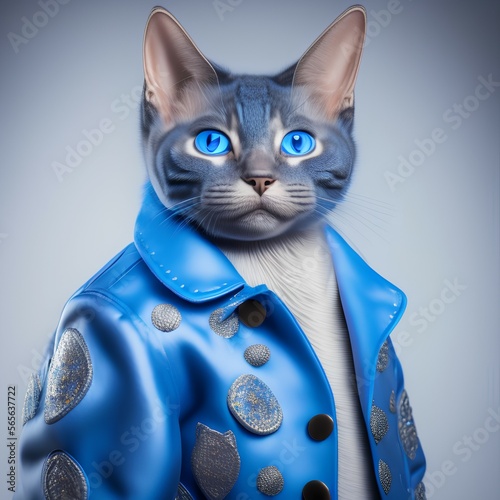 portrait of a cute blue cat in a jacket , highly detailed , striking features , studio lihting , fine art photography , warm lighting - generative ai photo