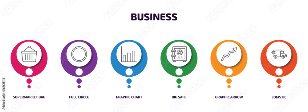 business infographic element with outline icons and 6 step or option. business icons such as supermarket bag, full circle, graphic chart, big safe, graphic arrow, logistic vector. business infographic element with outline icons and 6 step or option. business icons such as supermarket bag, full circle, graphic chart, big safe, graphic arrow, logistic vector.