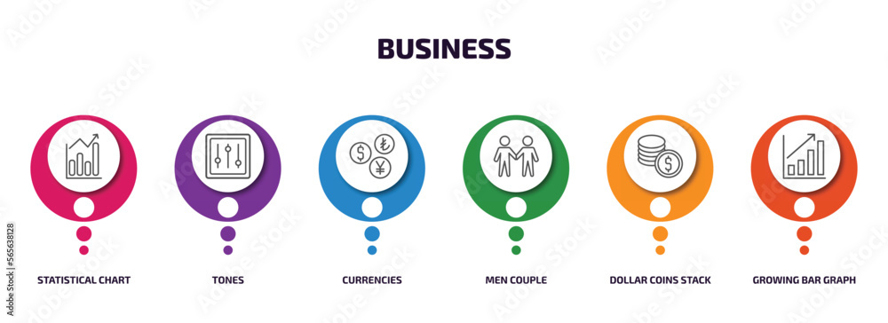 business infographic element with outline icons and 6 step or option. business icons such as statistical chart, tones, currencies, men couple, dollar coins stack, growing bar graph vector. business infographic element with outline icons and 6 step or option. business icons such as statistical chart, tones, currencies, men couple, dollar coins stack, growing bar graph vector.
