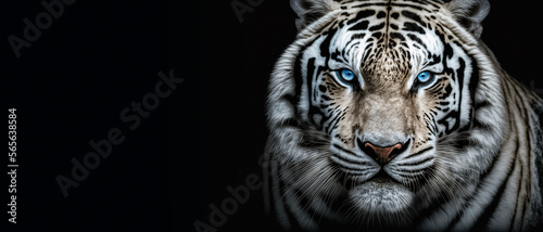 Closeup head of White tiger on black background. Wildlife animal with copy space. digital art  generative ai 