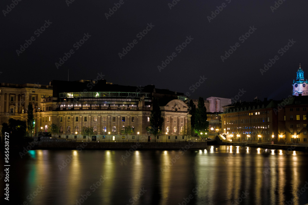 nightview of the swedish parliament in stockholm