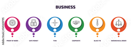 business infographic element with outline icons and 6 step or option. business icons such as proof of work, safe money, thin, cooperate, black tie, hierarchical order vector.