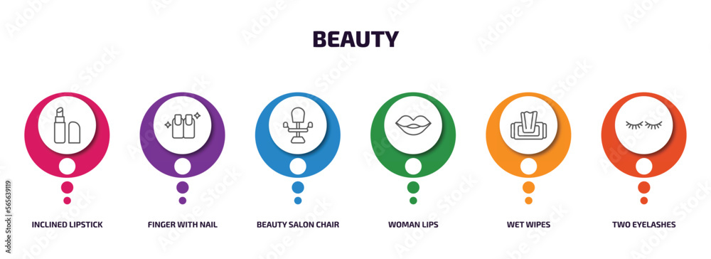 beauty infographic element with outline icons and 6 step or option. beauty icons such as inclined lipstick, finger with nail, beauty salon chair, woman lips, wet wipes, two eyelashes vector. beauty infographic element with outline icons and 6 step or option. beauty icons such as inclined lipstick, finger with nail, beauty salon chair, woman lips, wet wipes, two eyelashes vector.