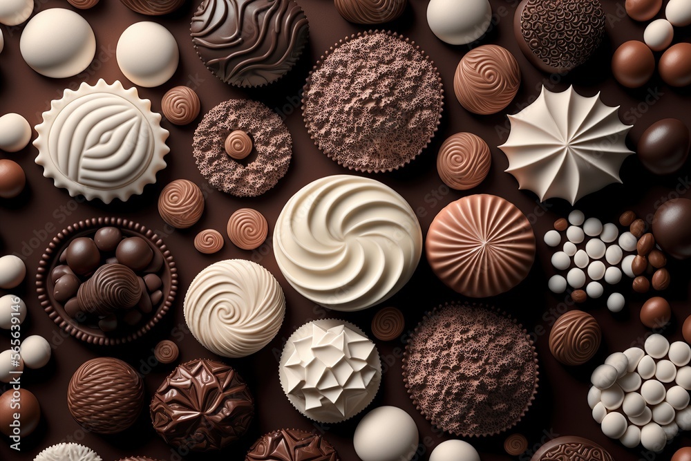 top view Assortment of fine chocolate candies, white, dark, and milk chocolate Sweets background. Copy space,Generative ai top view Assortment of fine chocolate candies, white, dark, and milk chocolate Sweets background. Copy space,Generative ai