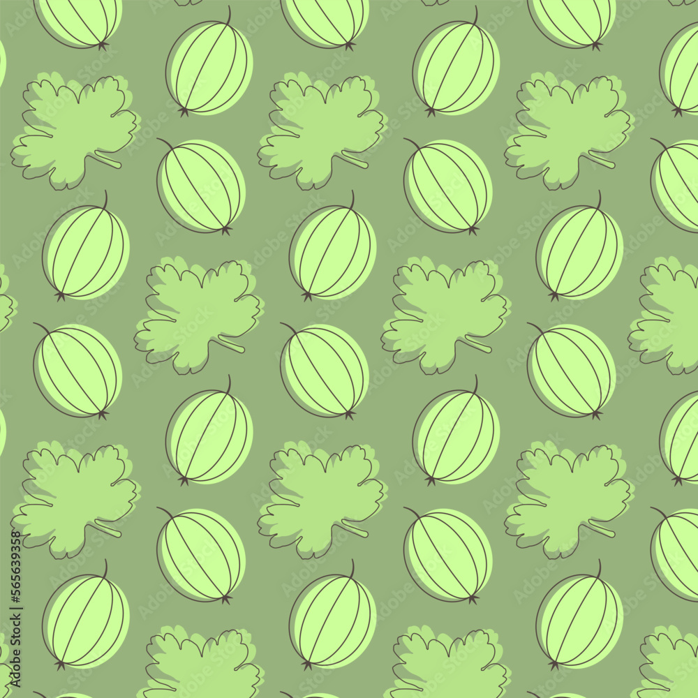 Seamless pattern with gooseberry berries and leaves on a dark green background