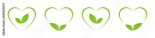 Green leaf in the heart. Set of illustrations