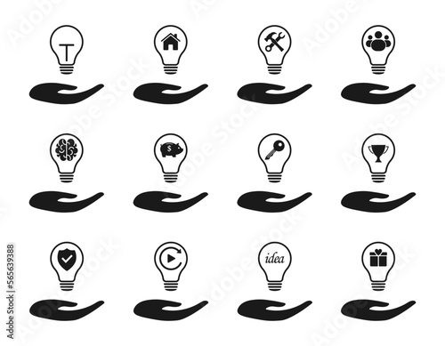 Light bulb in hand. Set of vector illustrations