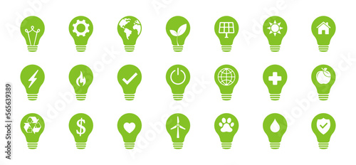 Set of eco light bulbs. Renewable energy of nature. Illustration