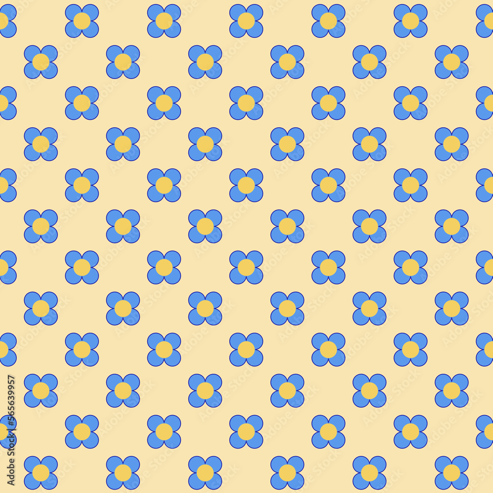 Two colored blue flowers  seamless on yellow background,  geometric stylized flowers. surface design, fabric, paper, stationery, card, banner, textile