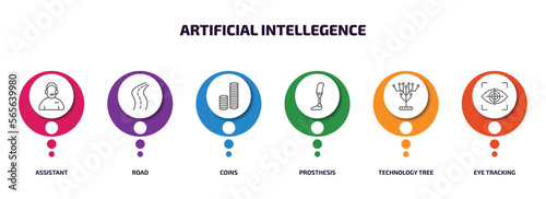 artificial intellegence infographic element with outline icons and 6 step or option. artificial intellegence icons such as assistant, road, coins, prosthesis, technology tree, eye tracking vector.
