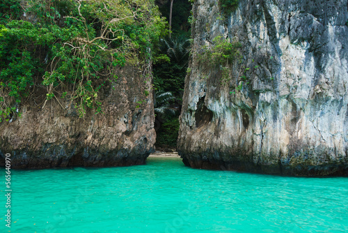 Sea lagoon and green rock in Thailand. Traveling and vacation concept.