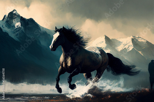 The horse is galloping along a river in the mountains. Illustration with Oil painting style. Created with Generative AI technology.
