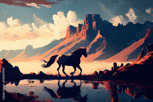 Canvas-taulu The horse is galloping along a river in the mountains