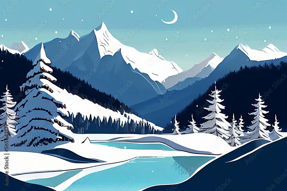 A silhouette minimalist illustration of a mountain landscape in a winter night.
