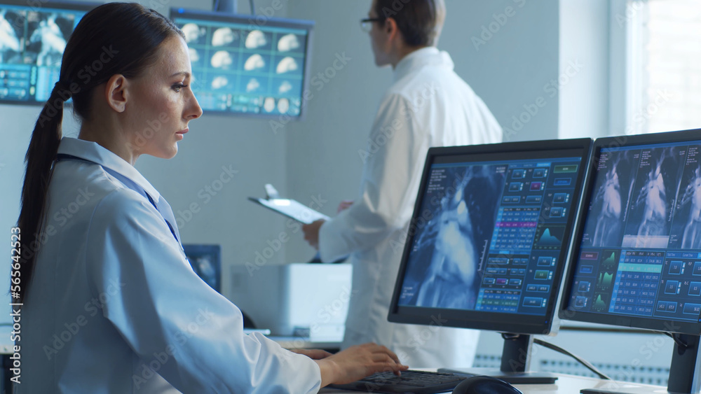Obraz premium Professional medical doctors are maksing computer research in hospital office. Medicine, healthcare and cardiology concepts.