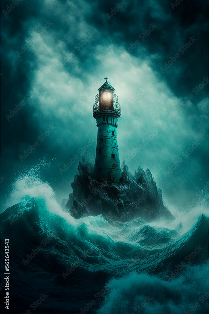 Lighthouse in the middle of the ocean under a cloudy sky. Generative AI