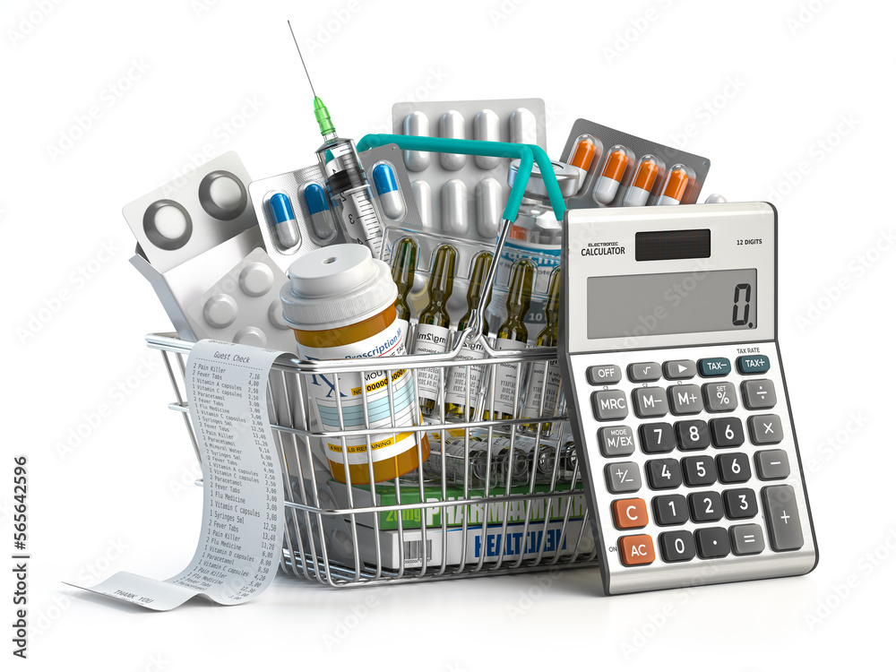 Shopping basket full of medicine, and pills with calculator. Calculating  costs of health care and expensive pharmacy concept. Stock Illustration |  Adobe Stock