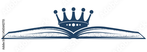 Open book and crown, fairytale reading, king of knowledge and education,  kid tale collection, vector