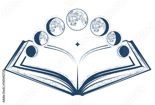 Open magic dream book and lunar phases, phase of the moon, astrology and  horoscope knowledge, oneiromancy, sorcery and prediction, vector photo