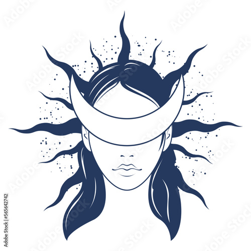 Woman face blindfold with crescent shaped,  gorgon, witch with eyes closed by moon , vector