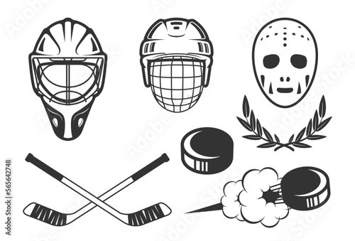 Canvas Print Ice hockey emblems, hockey helmets and retro goalkeeper mask, flying hockey puck