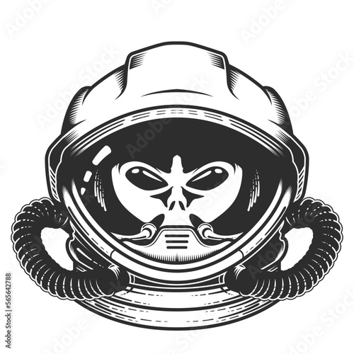 Face of space alien, extraterrestrial astronaut in space helmet, alien spaceman in spacesuit, vector