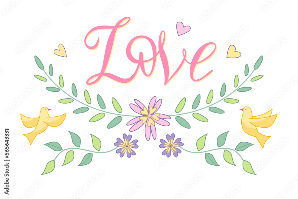 Love lettering with floral elements and birds. Vector isolated color illustration in outline style. 