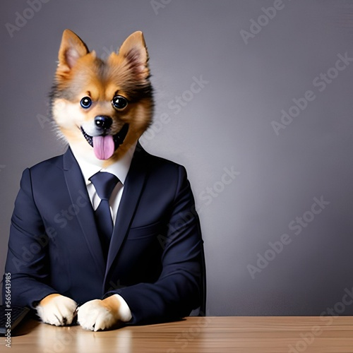 professional portrait photoshoot of a Pomeranian in a business suit sitting behind a desk in an office, generative ai