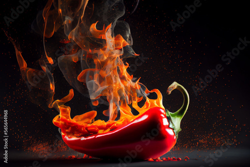 brennende scharfe rote Peperoni auf schwarzen Hintergrund - Generative Ai
