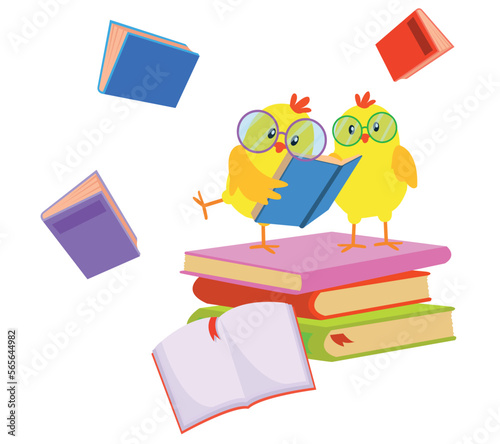 cute yellow chicks reading a book