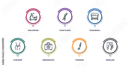 x treme outline icons with infographic template. thin line icons such as gym station, team player, team bench, slim body, emergencies, flyboard, abseiling vector.